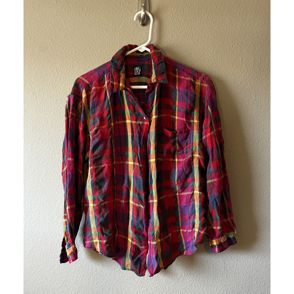 Vintage Gap Flannel Shirt Red, Pink Plaid 90s Grunge Button Down Cotton Size L
